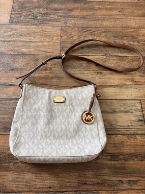Michael Kors Cream Logo Crossbody Bag with Brown Strap